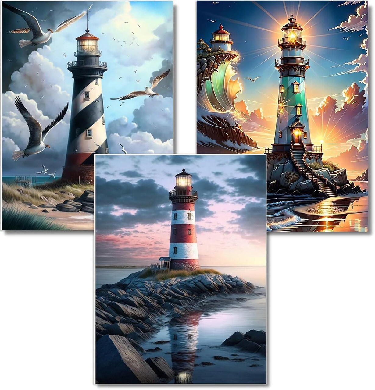 Diamond Painting Kits for Adults - 3 Pack Lighthouse DIY 5D Diamond Art Kits Full Drill Diamond Dots Paintings with Diamonds Gem Art and Crafts Home Decor 12x16inch